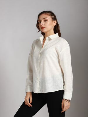 Classic Boxy Mandarin Collar Long Sleeves Cotton Casual Shirt