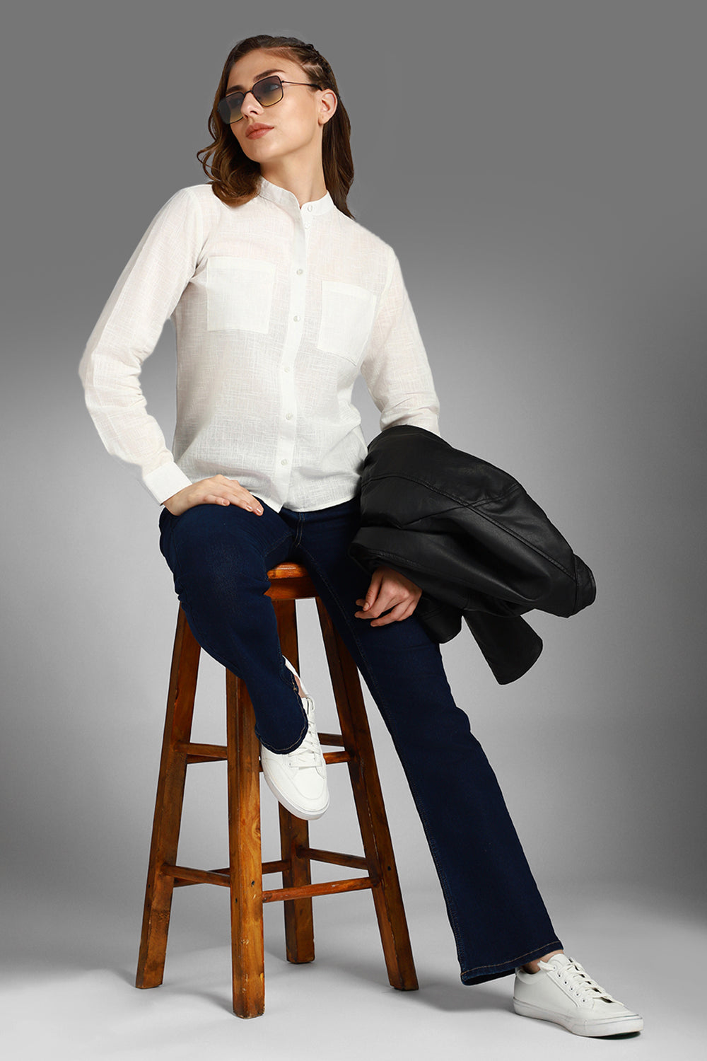 Classic Mandarin Collar Long Sleeves Cotton Casual Shirt