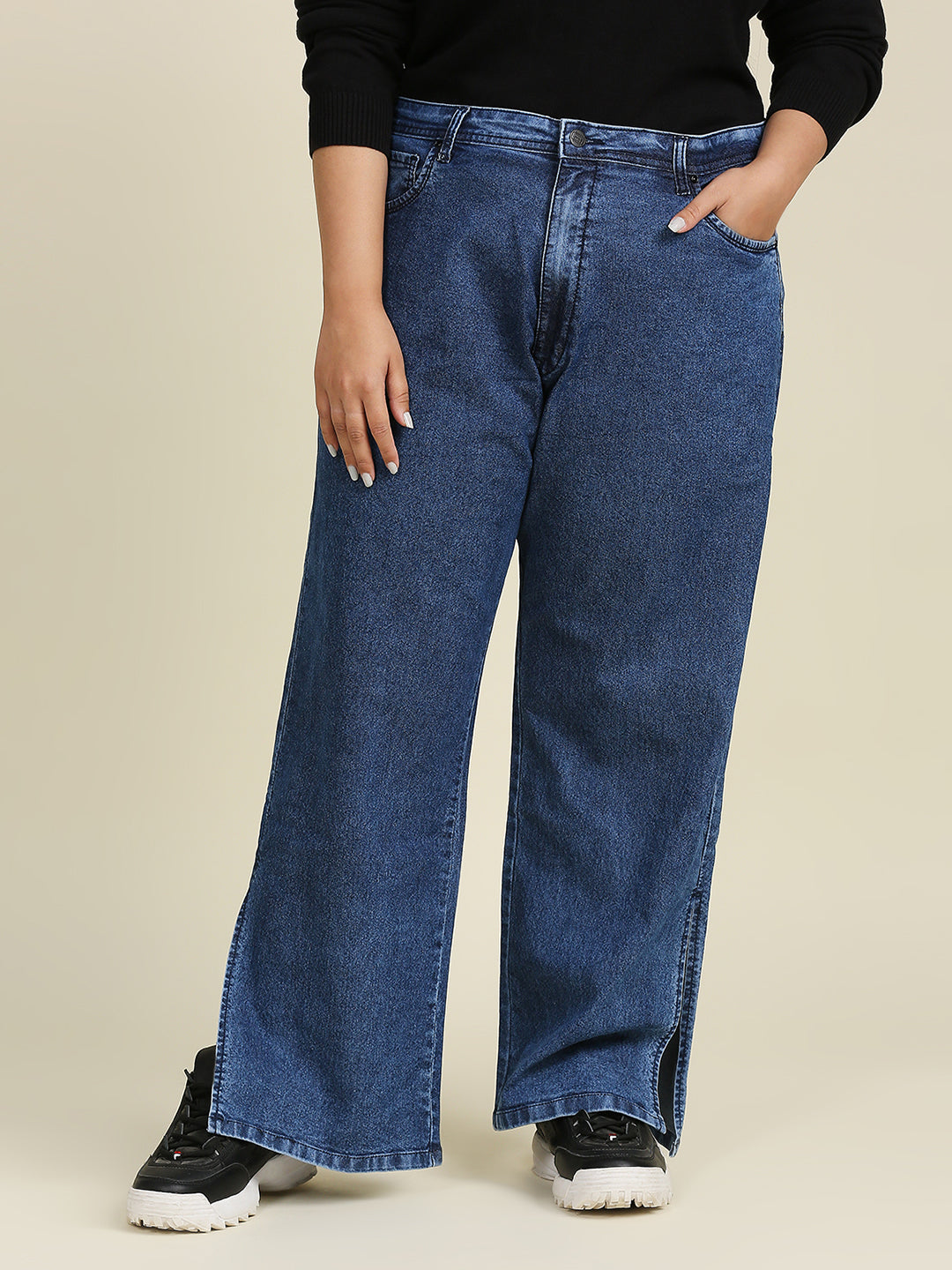 Women Plus Size Blue Wide Leg High-Rise Stretchable Jeans