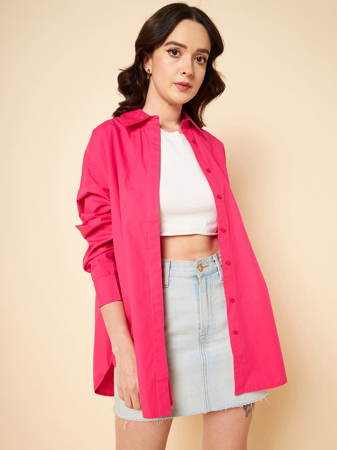 oversized solid cotton pink casual shirt