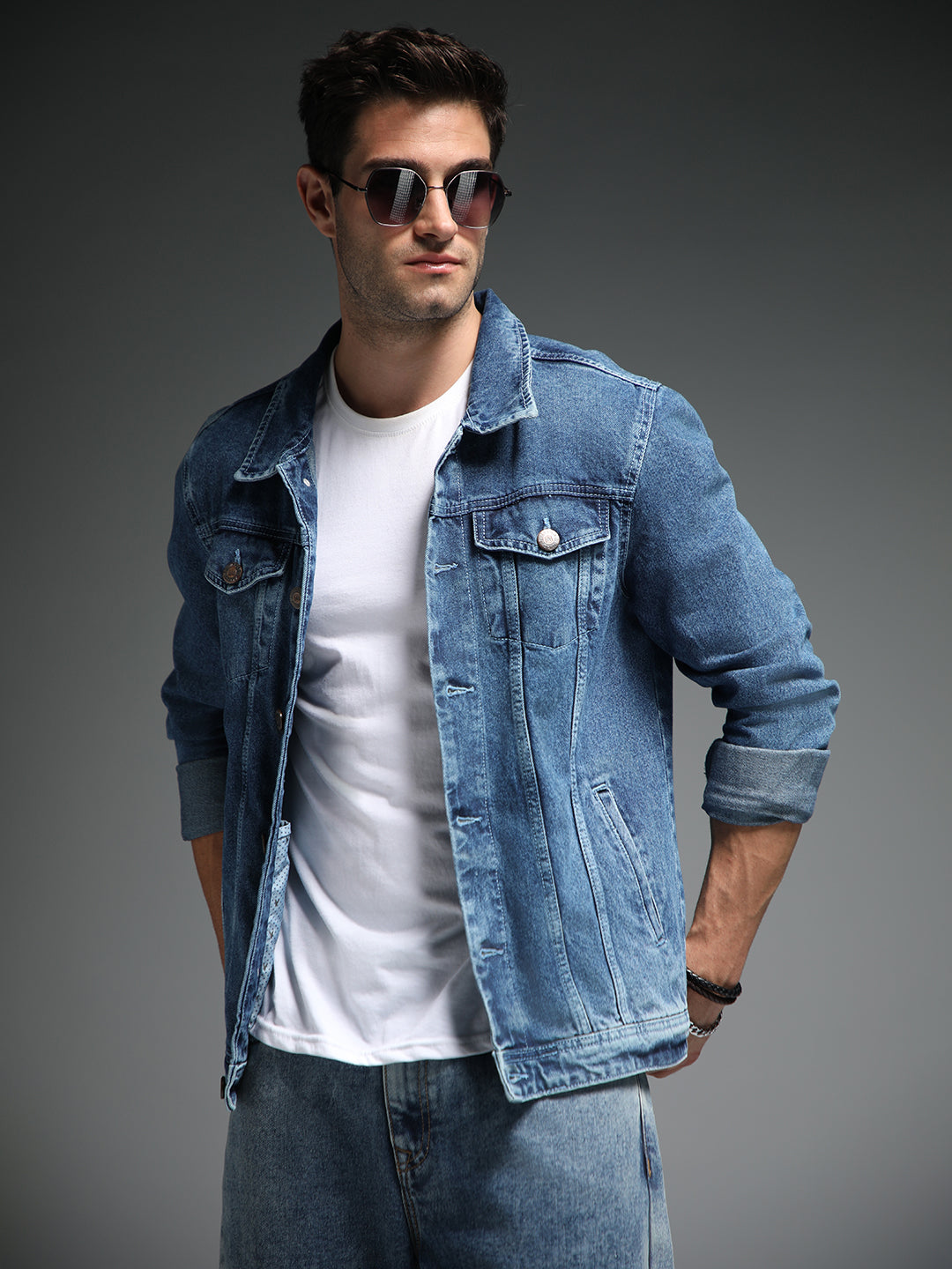 Washed Spread Collar Long Sleeves Cotton Denim Jacket