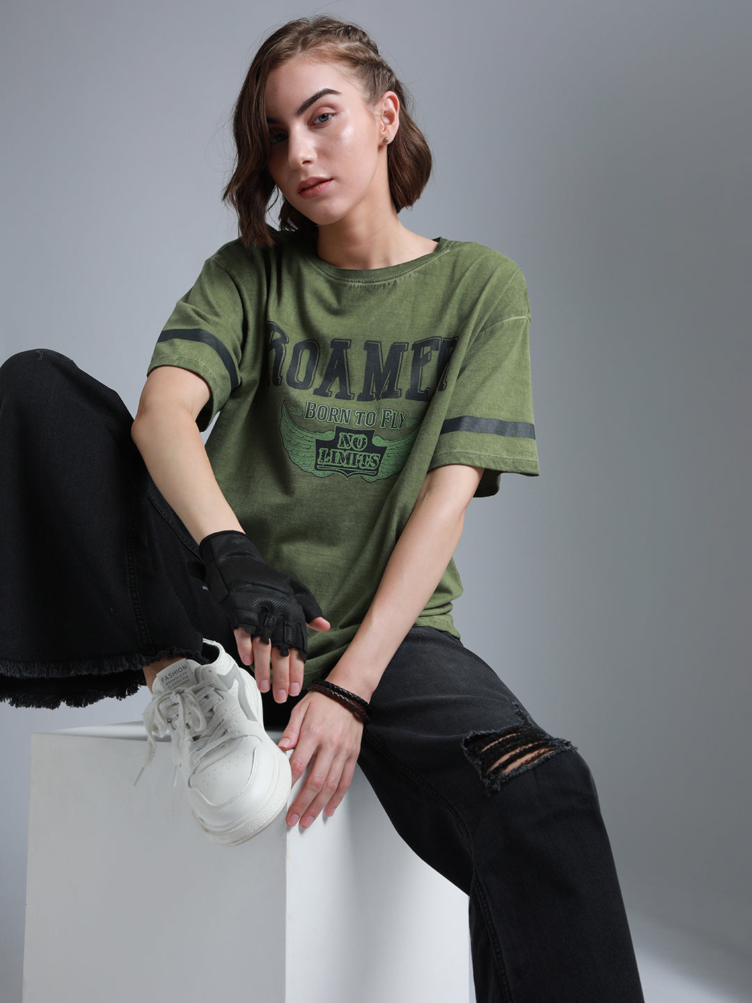 Typography Printed Round Neck Short Sleeves Cotton Oversized T-shirt