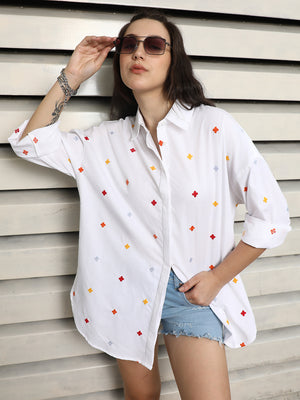 Classic Embroidered Drop Shoulder Sleeves Cotton Oversized Casual Shirt