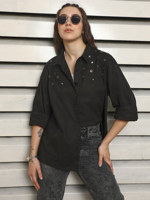 Classic Spread Collar with eyelets Oversized Cotton Casual Shirt