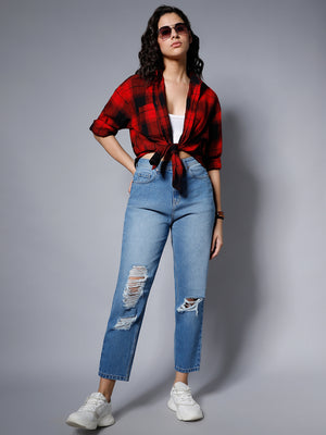 Women Blue High-Rise Slash Knee Light Fade Jeans