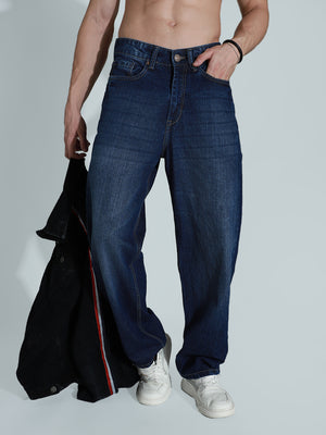 Men Wide Leg Mid-Rise Light Fade Clean Look Cotton Jeans