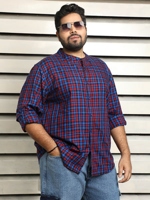 Plus Size Men Mandarin Collar Checked Casual Shirt