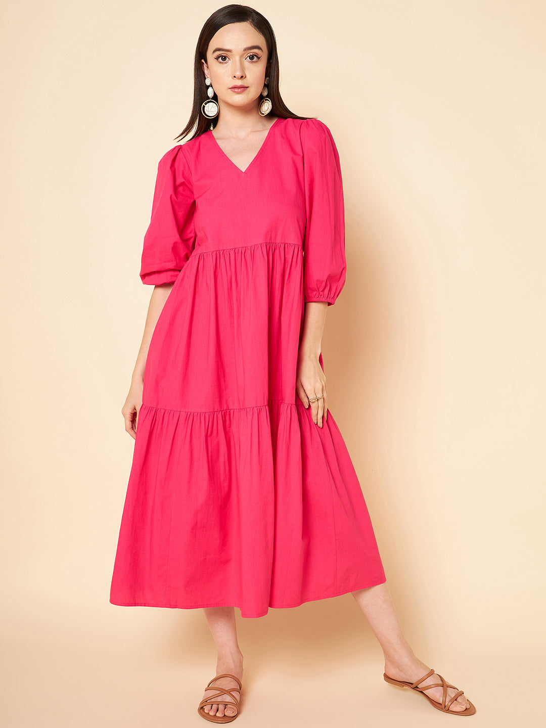 V-Neck Puff Sleeve Fit  Flare Midi Dress