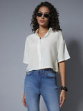 Classic Boxy Spread Collar Extended Sleeves Crop Casual Shirt