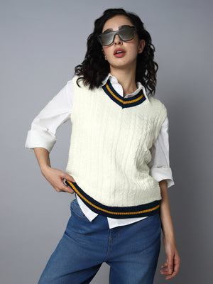 Cable Knit V-Neck Sleeveless Acrylic Sweater Vest