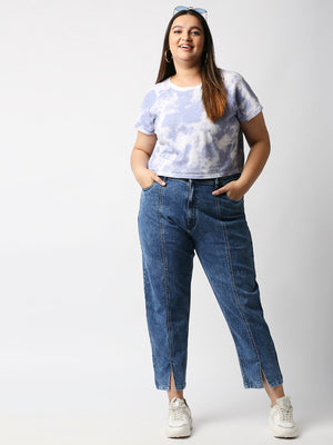 Women Plus Size  Blue Mom-Fit High-Rise Heavy Fade Acid Wash Cropped Jeans