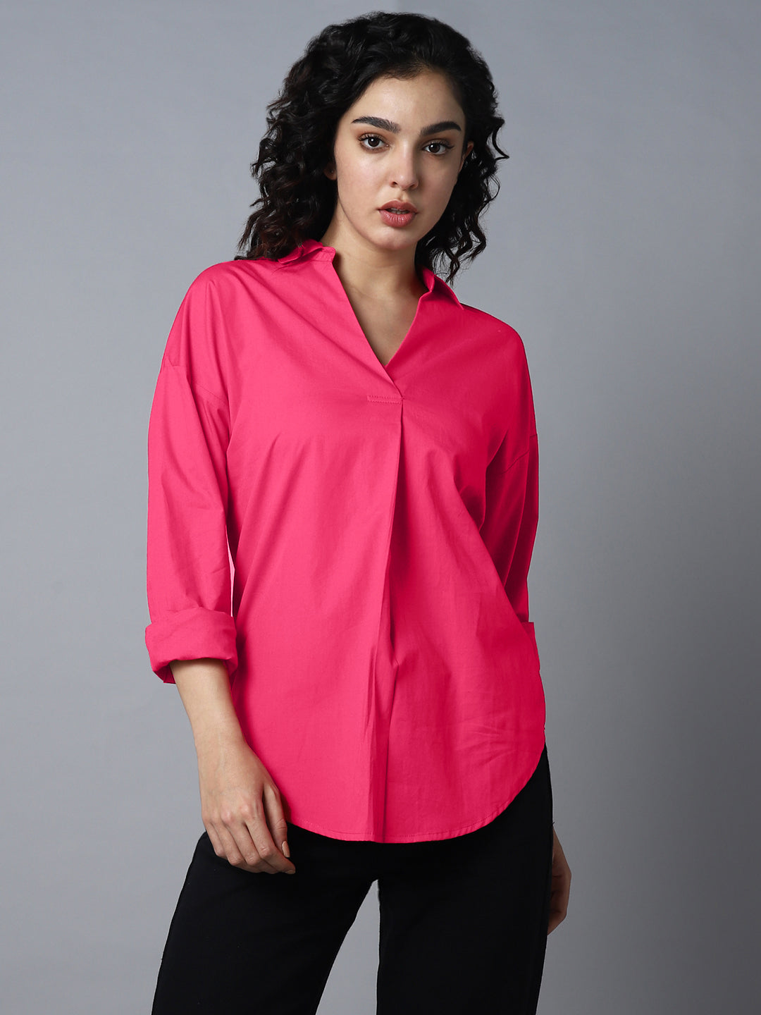 Cuffed Sleeves Pure Cotton Shirt Style Top