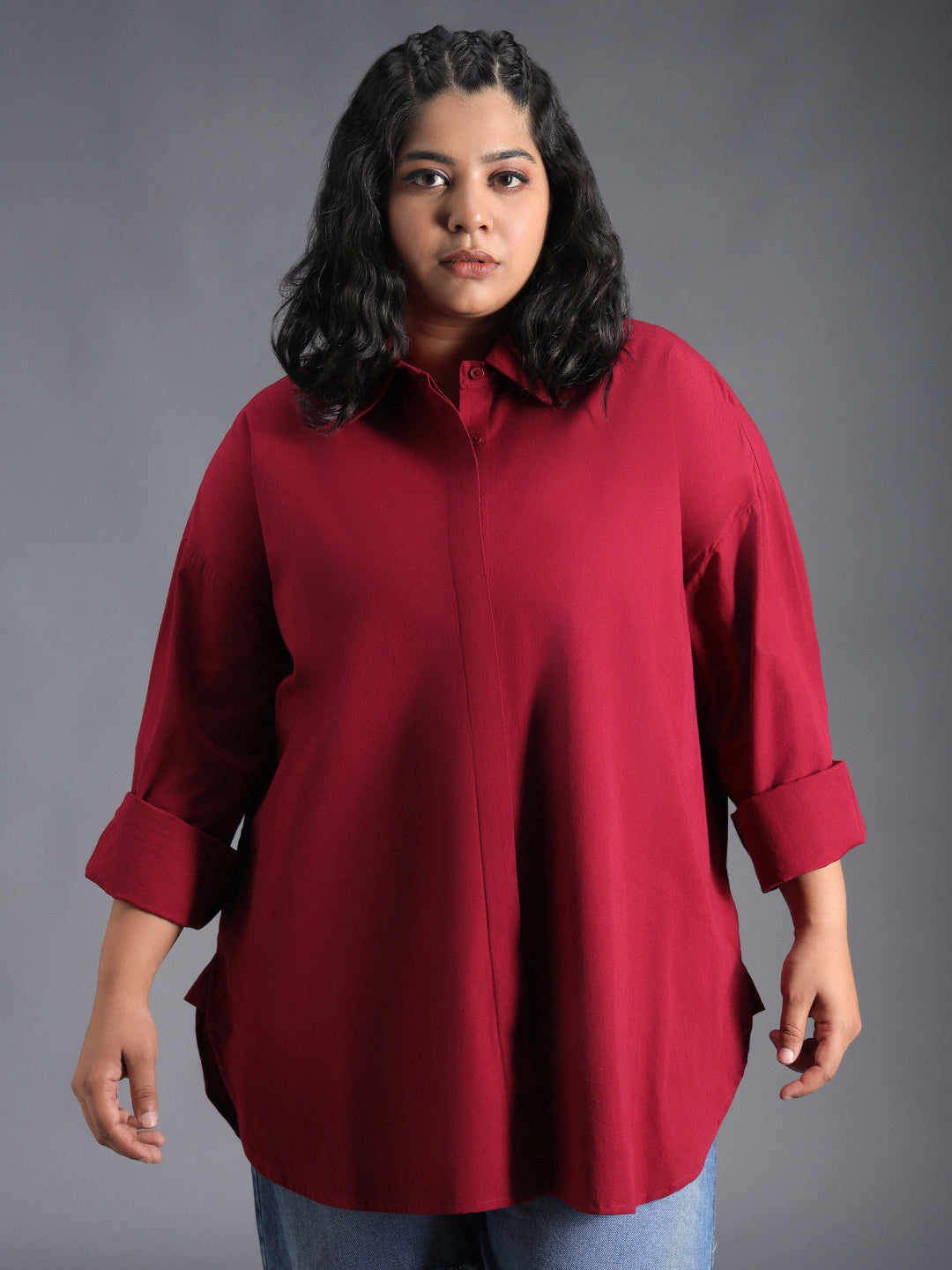 Plus Size Classic Spread Collar Curved Cotton Oversized Casual Shirt