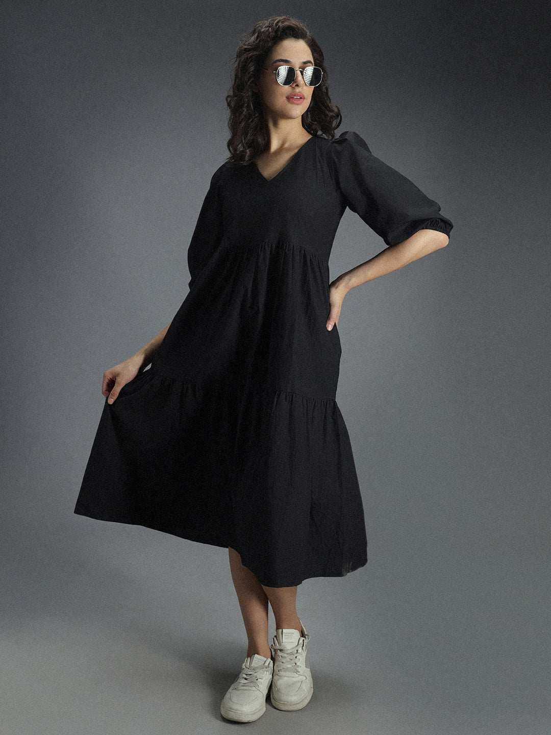 V-Neck Puff Sleeve Gathered Tiered Cotton A-Line Midi Dress