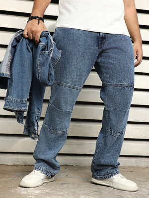 Plus Size Men Straight Fit Cut N Sew Detail Light Fade Jeans