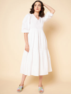 Puff Sleeves Tiered Pure Cotton Fit  Flare Midi Dress