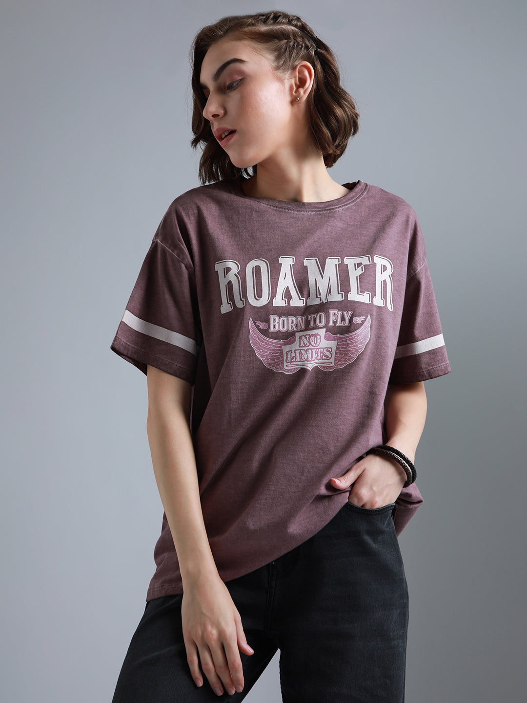 Typography Printed Round Neck Short Sleeves Cotton Oversized T-shirt