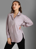 Shirt Collar Cuffed Sleeves Cotton Longline Shirt Style Tops