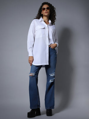 Cotton Spread Collar Long Sleeves Solid oversized longline Shirt