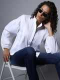 Cotton Mandarin Collar Long Sleeves Solid Boxy Regular Shirt