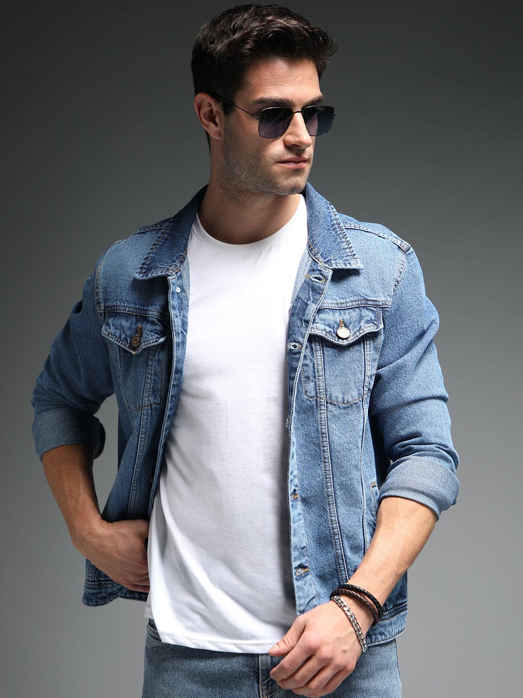 Washed Spread Collar Long Sleeves Cotton Denim Jacket