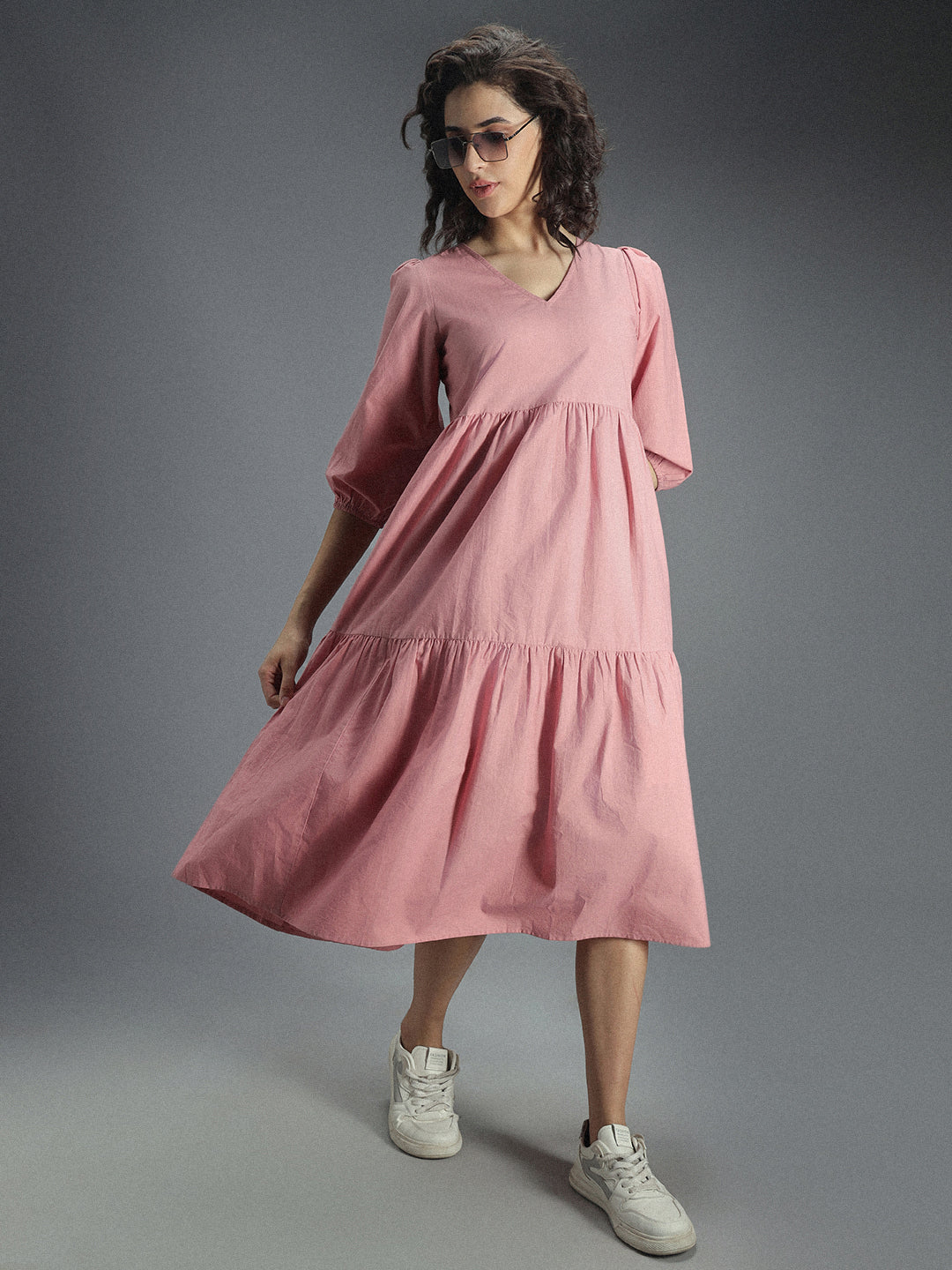 V-Neck Puff Sleeve Gathered Tiered Cotton A-Line Midi Dress