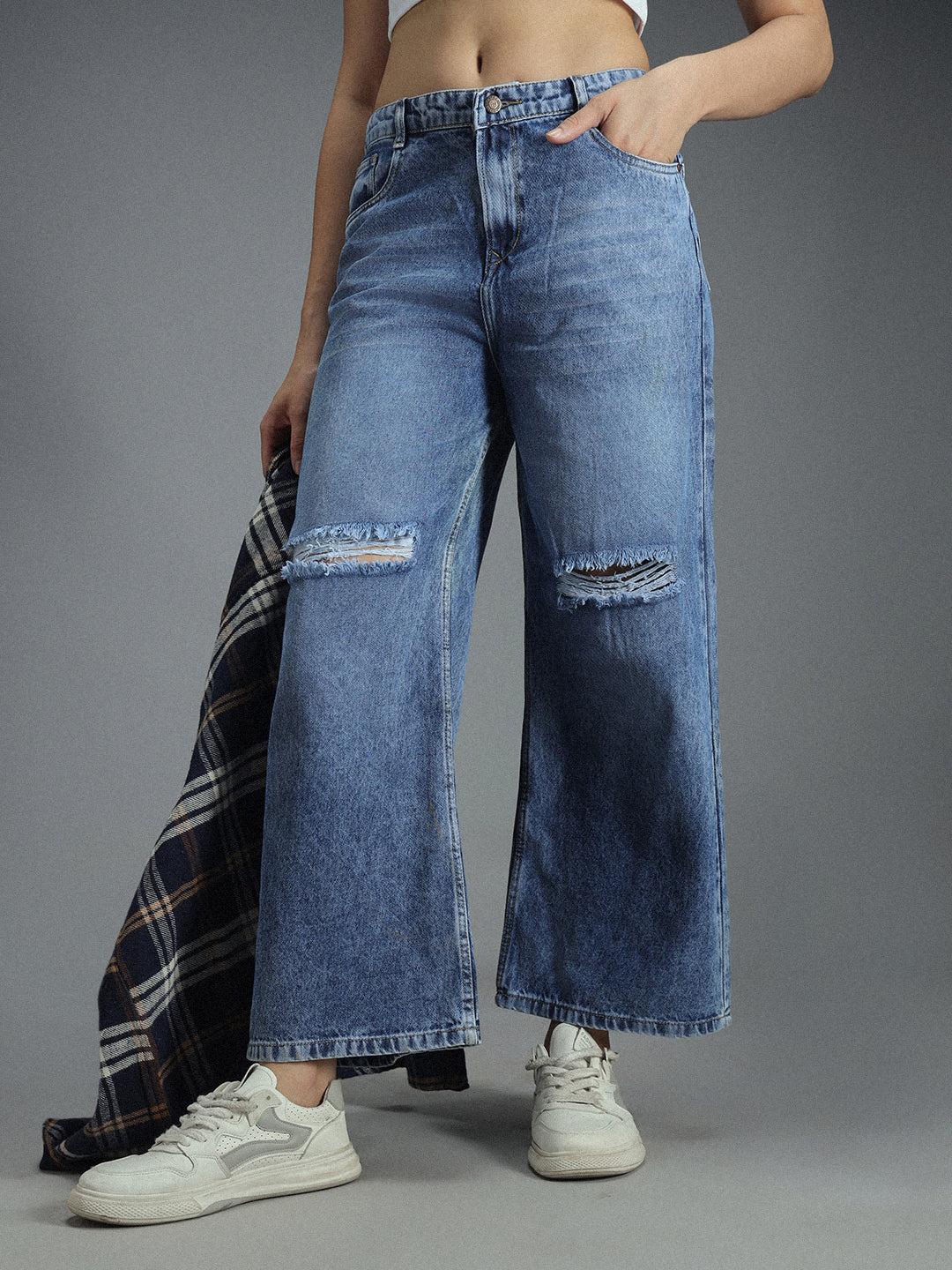 Women 90s Baggy Elasticated Waist Band Distress Cotton Jeans