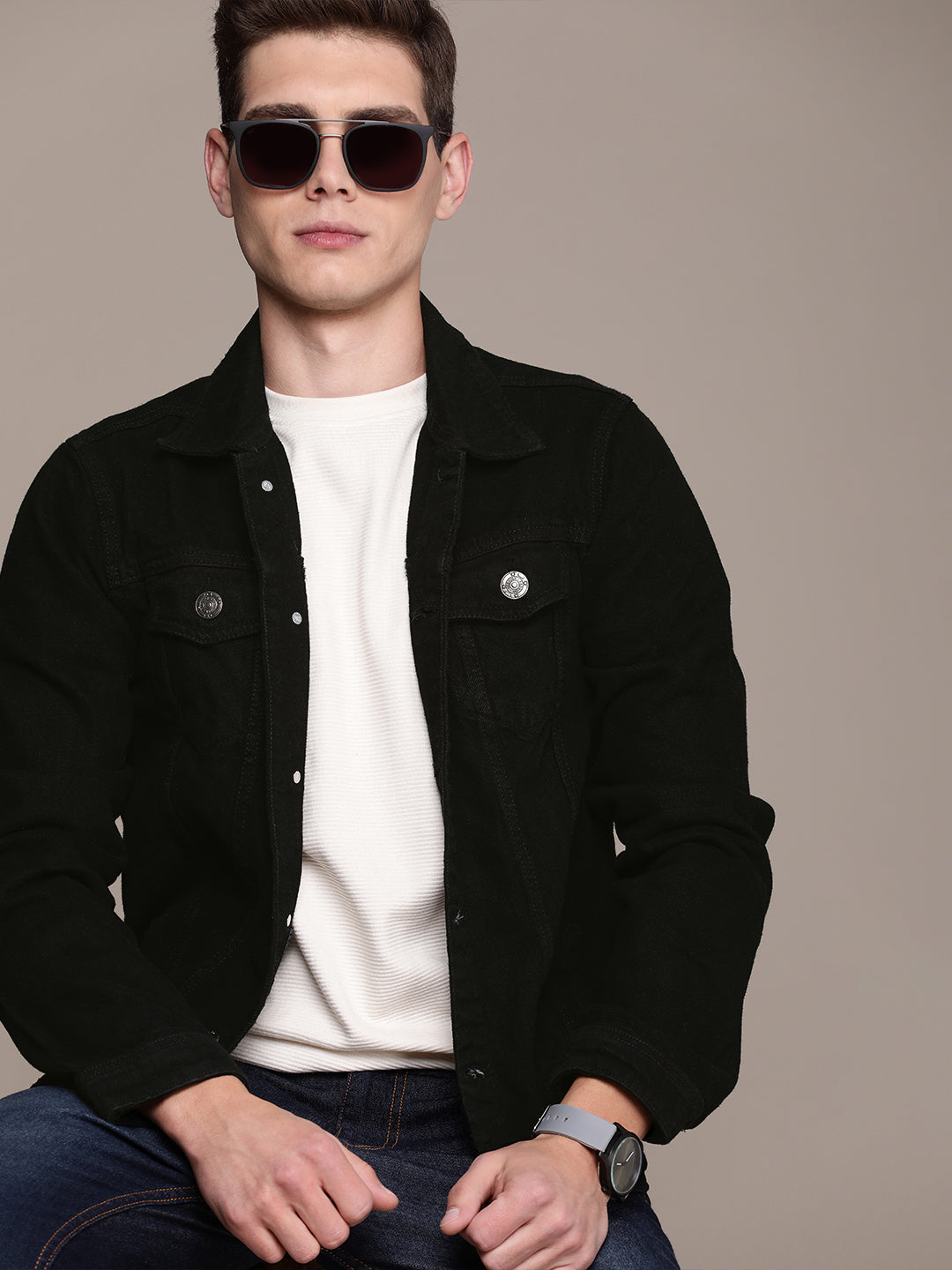 Men Black Solid Denim Jacket