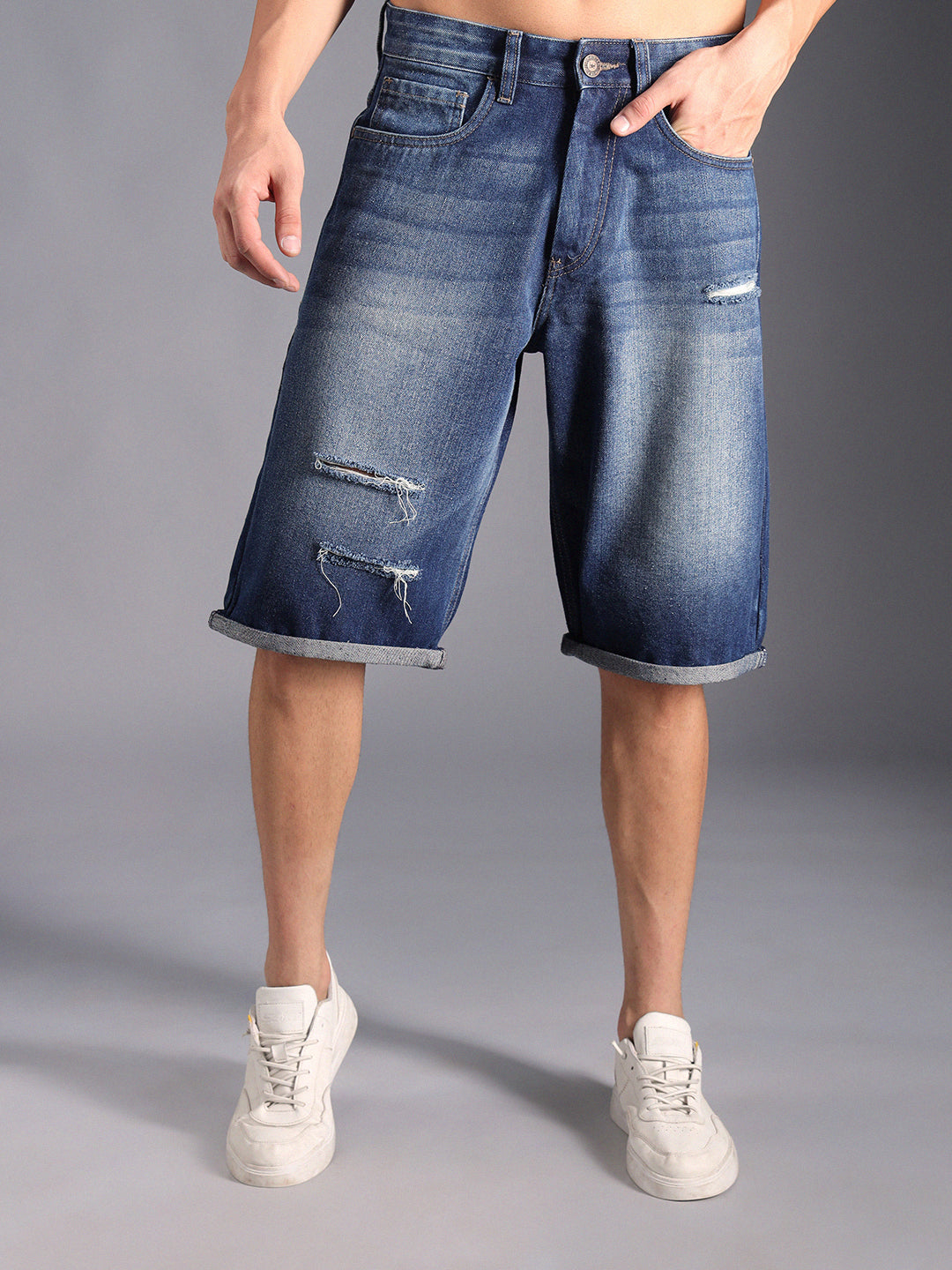 Men Washed Mid-Rise Distressed Cotton Denim Shorts