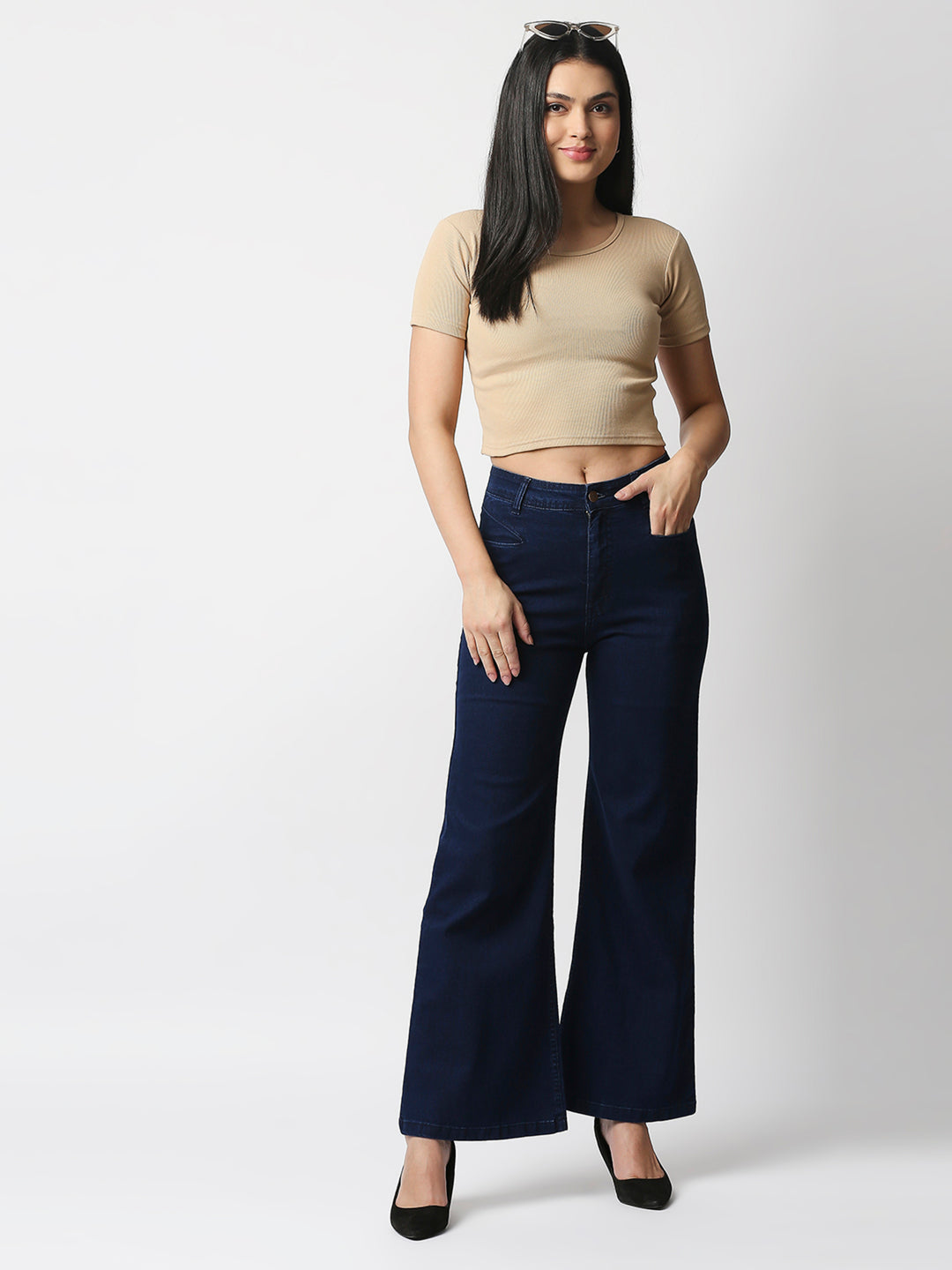 Women Navy Blue Wide Leg High-Rise Stretchable Jeans