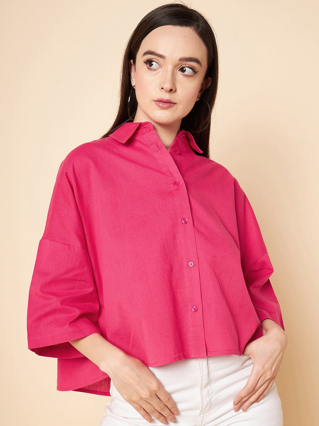 oversized solid cotton pink casual shirt