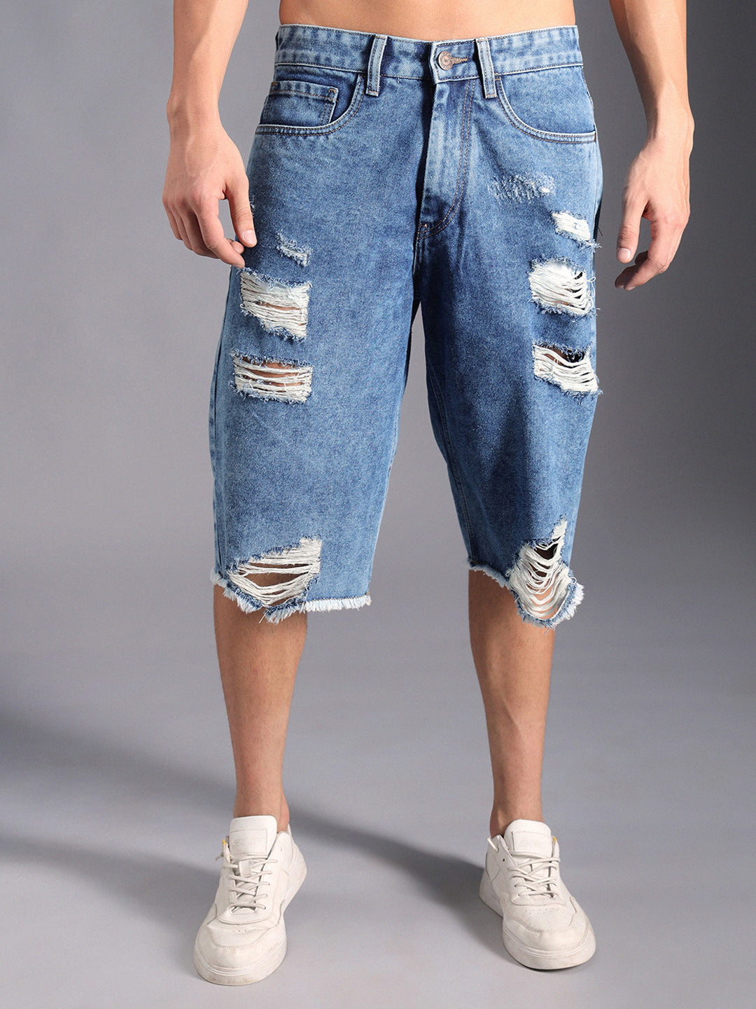 Men Washed Distresed Pure Cotton Denim Shorts