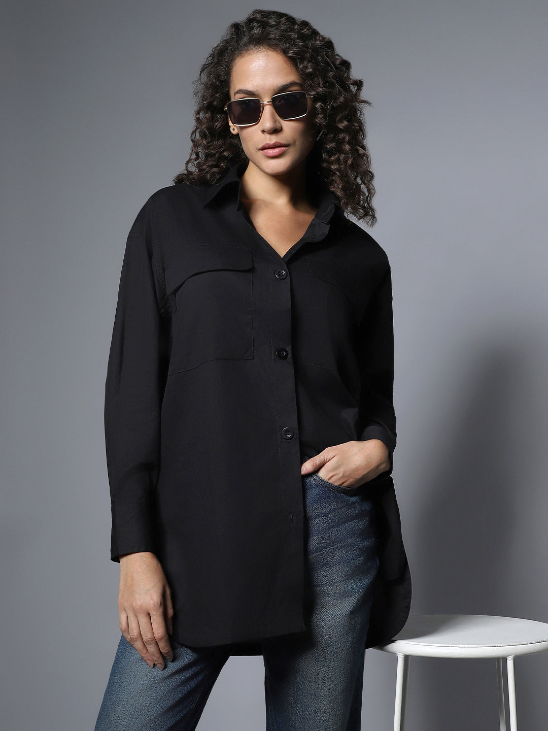 Cotton Spread Collar Long Sleeves Solid oversized longline Shirts