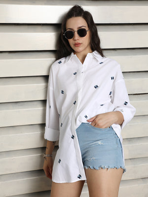 Classic Embroidered Spread Collar Pure Cotton Oversized Casual Shirt