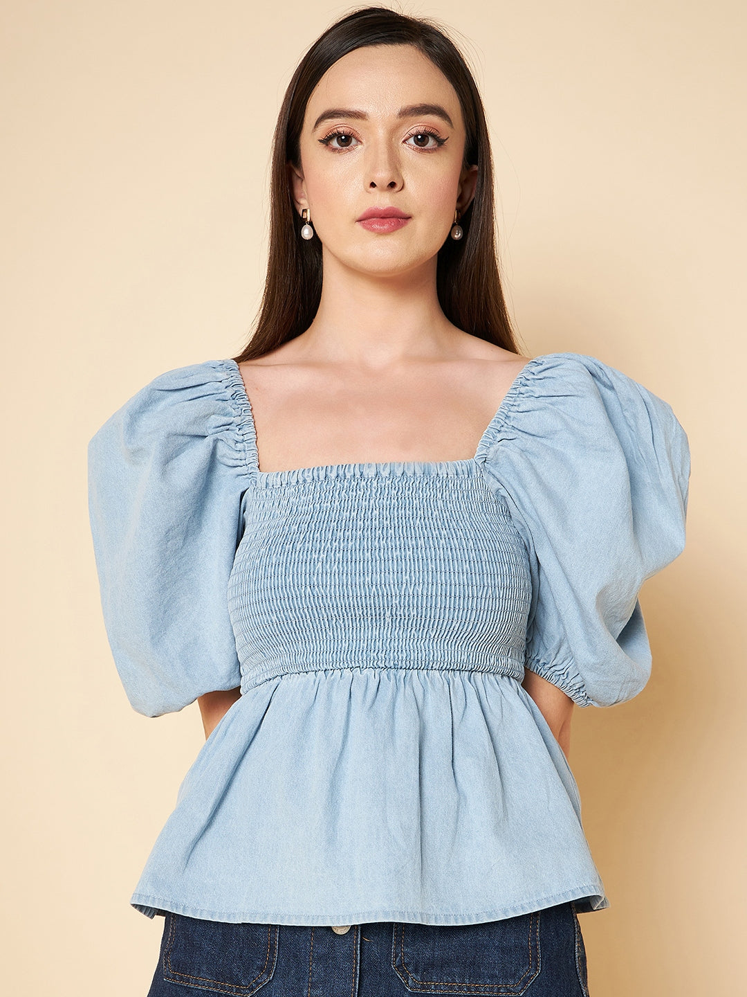 Square Neck Puff Sleeves Smocked Pure Cotton Peplum Top