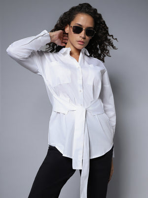 Cotton Spread Collar Long Sleeves Solid Boxy Longline Shirts