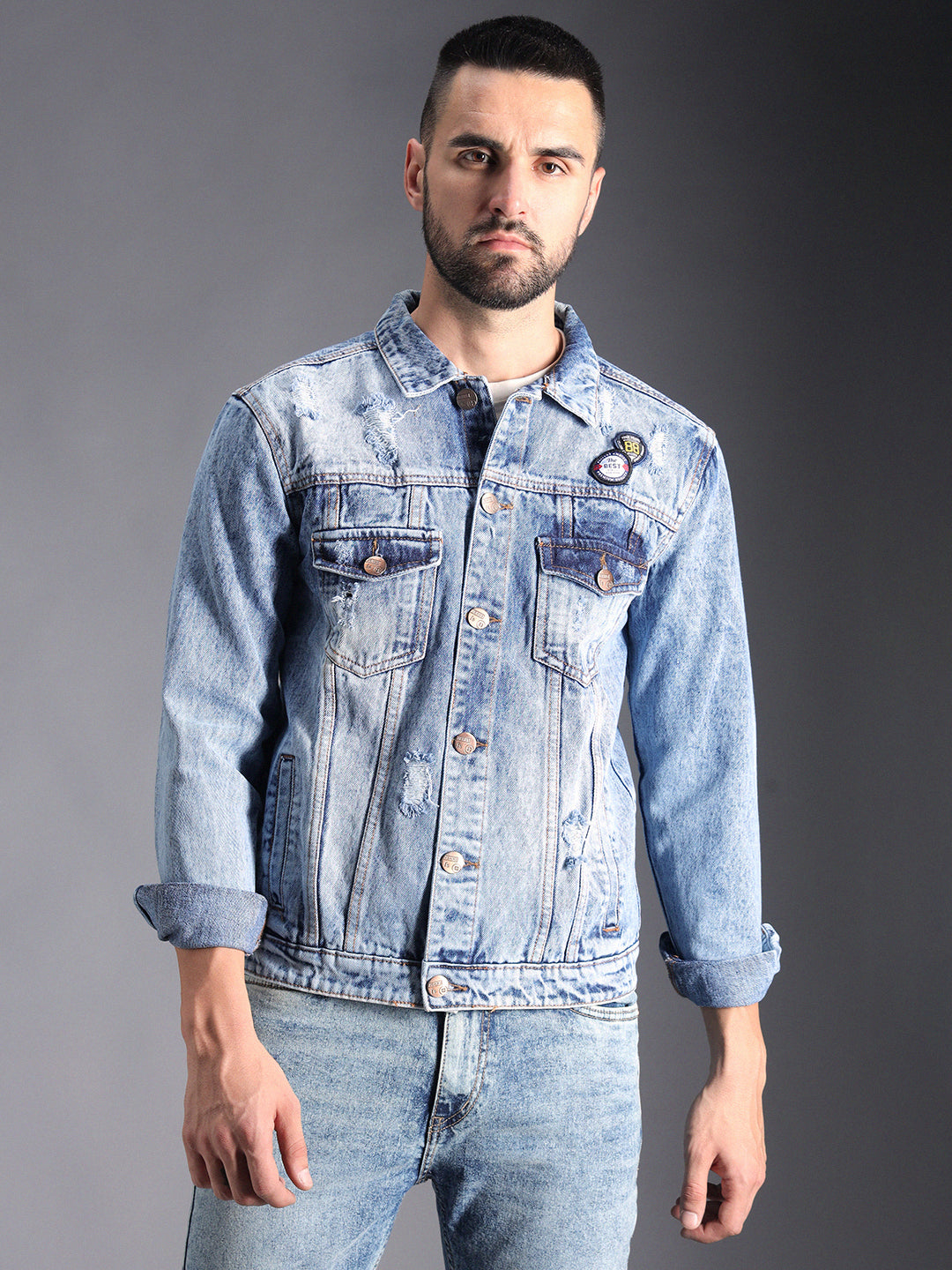 Washed Spread Collar Patchwork Cotton Denim Jacket