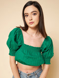 Square Neck Puff Sleeves Pure Cotton Crop Blouson Top