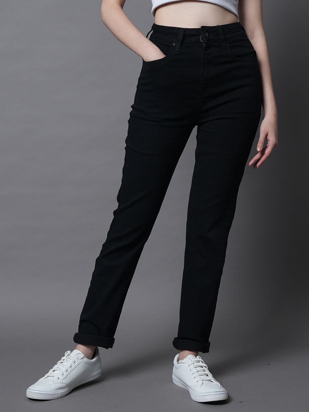 Women Straight Fit High-Rise Clean Look Stretchable Jeans