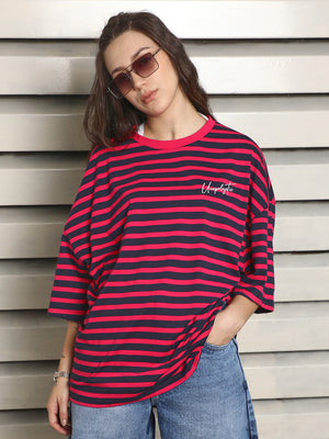 Striped Round Neck Drop-Shoulder Sleeves Cotton Oversized T-shirt