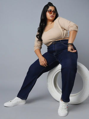 Women Plus Size Straight Fit High-Rise Clean Look Stretchable Jeans