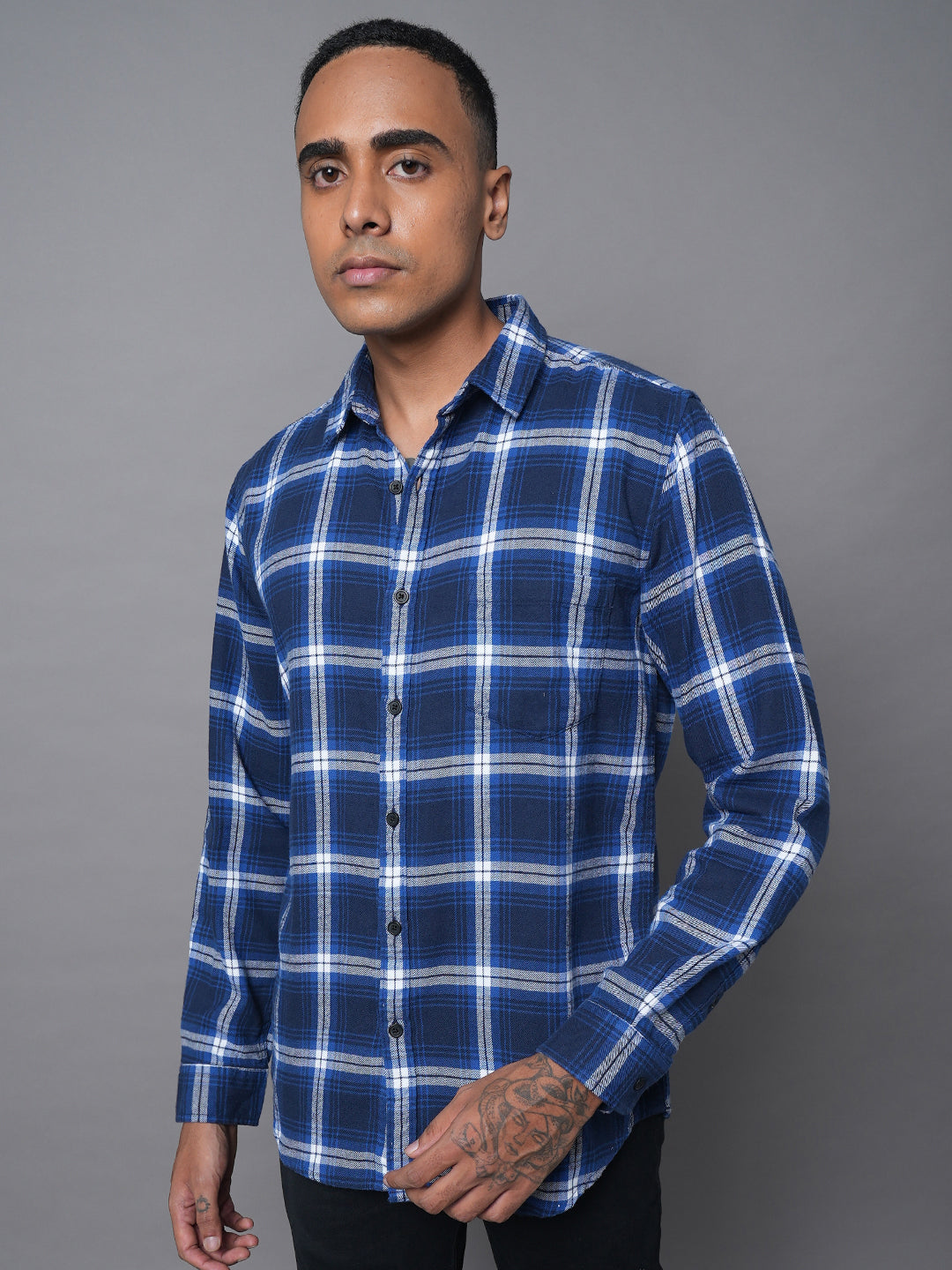 Classic Tartan Checks Spread Collar Long Sleeve Cotton Casual Shirt