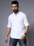 Classic Band Collar Roll-Up Sleeves Casual Pure Cotton Shirt