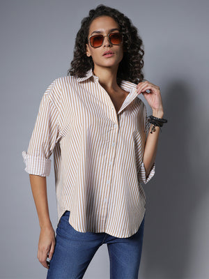 Classic Boxy Vertical Striped Spread Collar Long Sleeve Cotton Casual Shirt