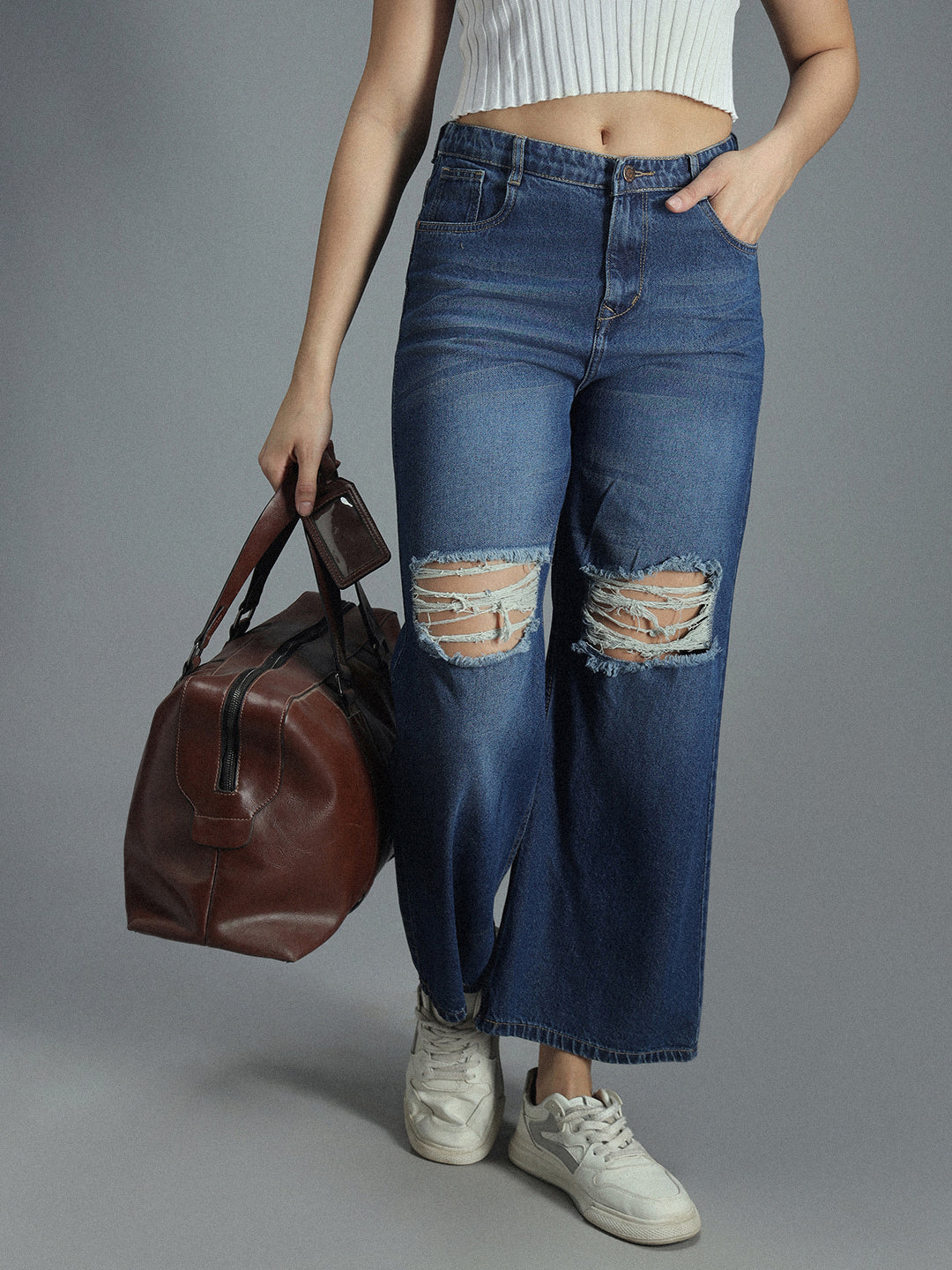 Women 90s Baggy Stretchable Distress Cotton Jeans