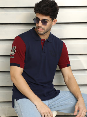 Men Polo Collar Applique Colorblocked Cotton T-shirt