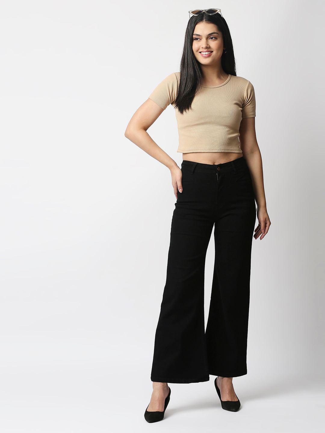 Women Black Wide Leg High-Rise Stretchable Jeans