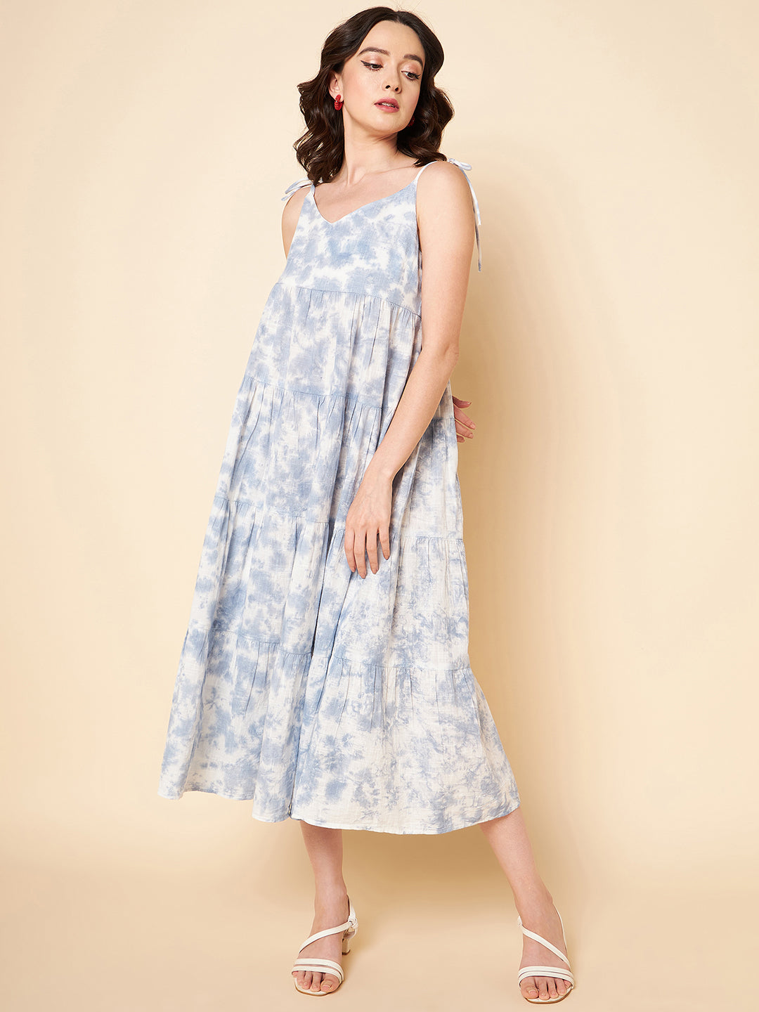 Abstract Printed Shoulder Strap Tiered Pure Cotton A-Line Midi Dress