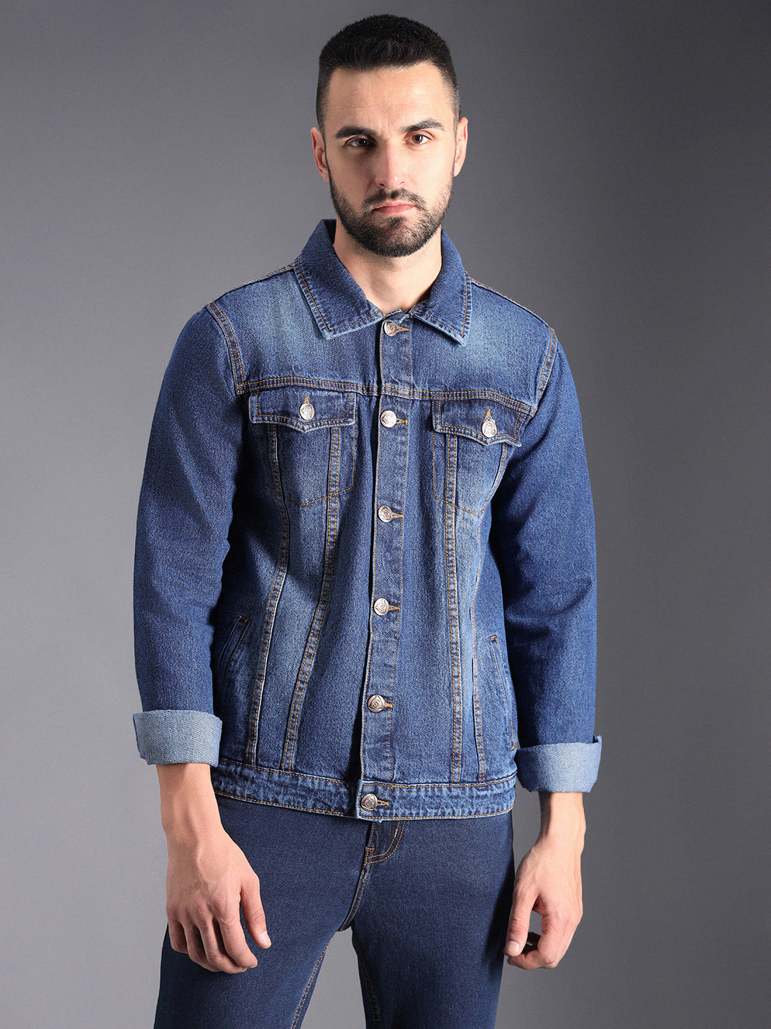 Washed Spread Collar Long Sleeves Denim Jacket