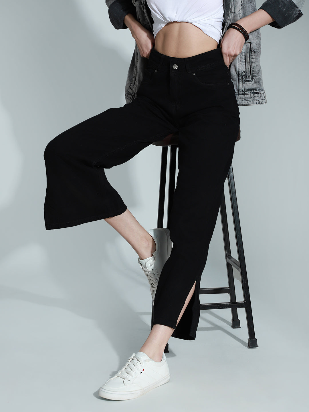 Women Black Wid-Leg Fit High-Rise Jeans